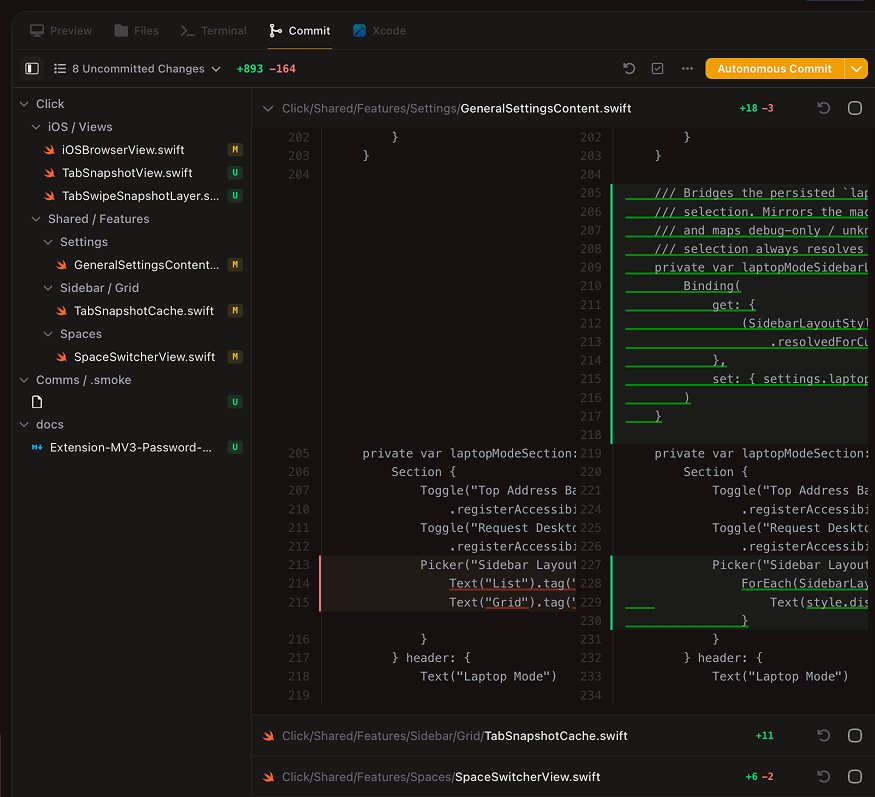 Rebuilt commit panel with new diff and staging controls
