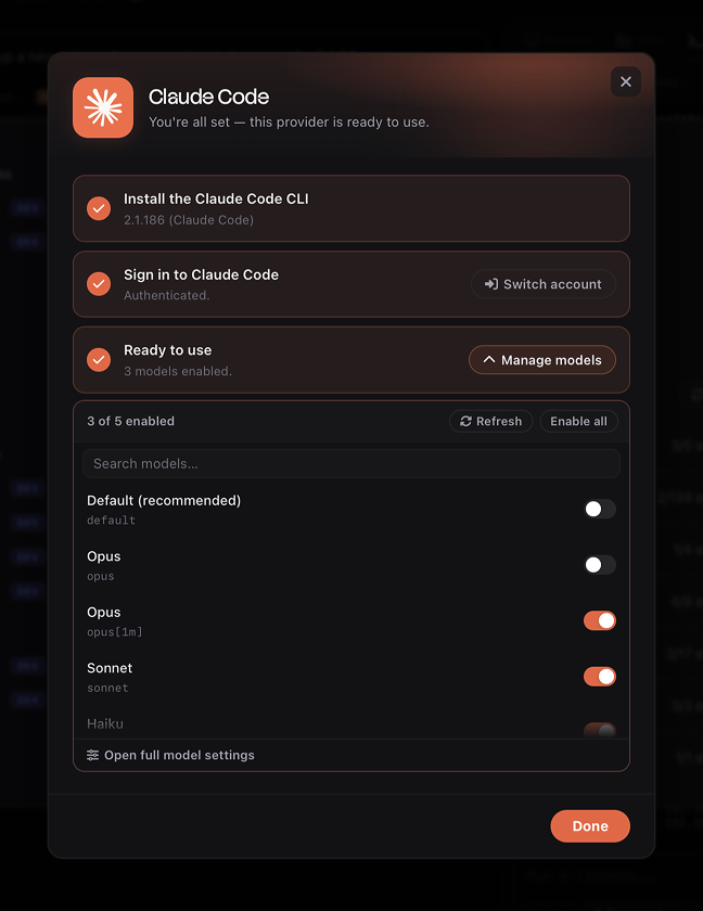 Adapter setup modal showing CLI install, sign-in, and inline model management for Claude Code