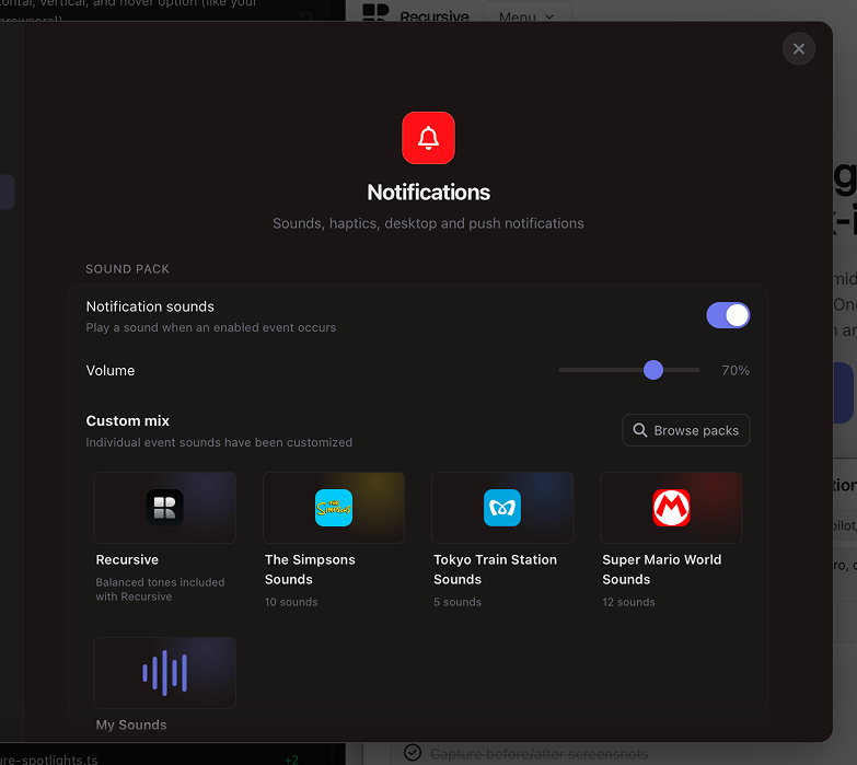 Notifications settings showing the sound pack picker with built-in and custom packs like The Simpsons, Tokyo Train Station, and Super Mario World