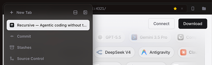 Workspace tabs laid out vertically down the side, revealing on hover like a browser sidebar
