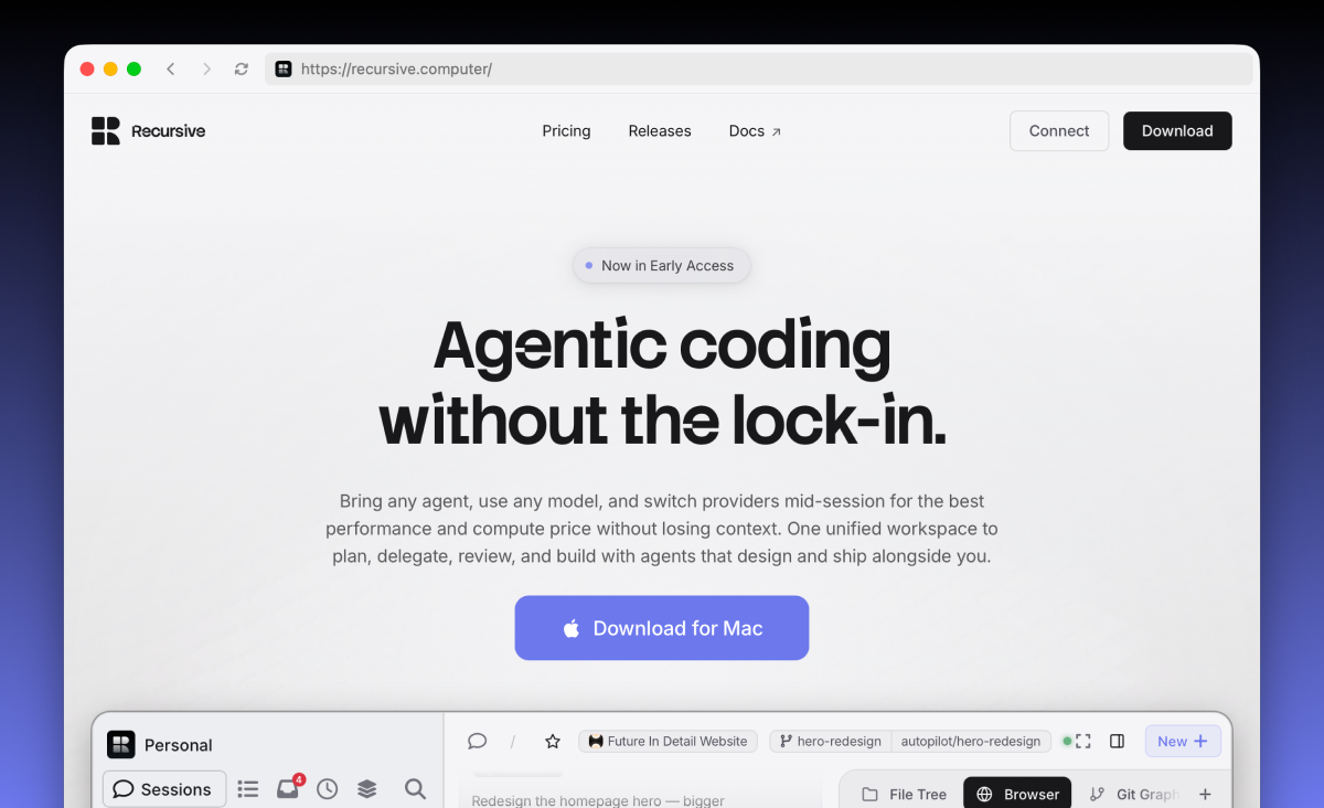 An agent-owned browser window open to recursive.computer, with the workspace Browser tab and project breadcrumbs visible while the agent validates a homepage redesign