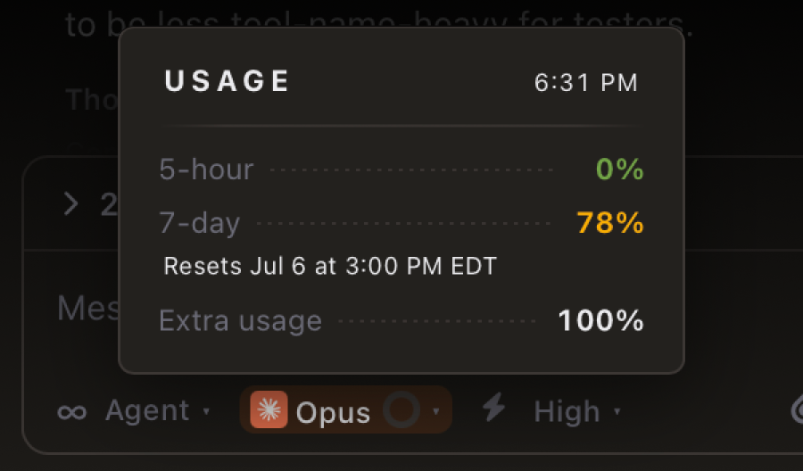 Usage popover on the model picker showing five-hour, seven-day, and extra usage limits with reset times